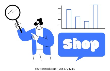 A man in a blue jacket holding a magnifying glass, pointing at a bar graph and a shop sign. Ideal for business analytics, retail marketing, e-commerce, data analysis, and sales strategies. Minimalist