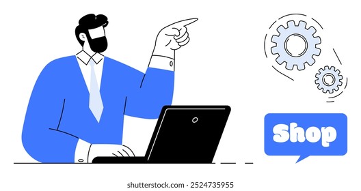 Man in a blue jacket sitting at a laptop while pointing towards gears and shop text. Ideal for business, e-commerce, shopping, technology, marketing. Minimalist illustration style