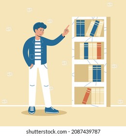 A man in a blue jacket and white pants stands next to a bookcase and chooses a book. Flat vector illustration suitable for educational presentations and videos.