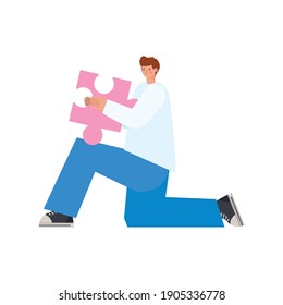 man with blue jeans and puzzle piece vector illustration design