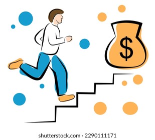 A man in blue jeans runs up the stairs for a bag of money. Climb up the career ladder. Chasing money