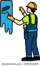 A man in a blue jumpsuit is painting a wall. He is wearing a hard hat and safety goggles
