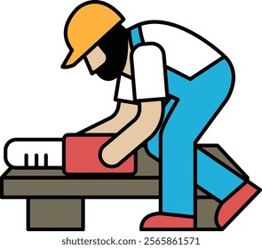 A man in a blue jumpsuit is working on a project. He is wearing a hard hat and is using a tool. Concept of hard work and dedication