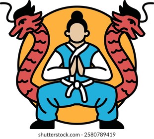 A man in a blue karate uniform is shown kneeling down in front of two red dragons. Concept of strength and determination, as the man is practicing martial arts