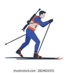 Man in blue and orange ski suit skiing on snow with ski poles in hand