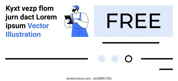 Man in blue overalls and cap holding clipboard. Free text prominent in light blue box. Black and blue text. Geometric lines and circles. Ideal for promotional, commercial, technical themes. Landing