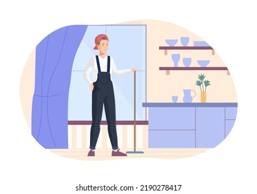 Hombre con overoles azules y gorra de pie con mop. Planta de corte de personajes para limpiadores profesionales masculinos en el apartamento o la oficina. Personal de la empresa de limpieza, servicio de limpieza vector plano