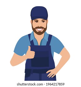 Man in blue overalls gesturing thumb up. Vector illustration. 