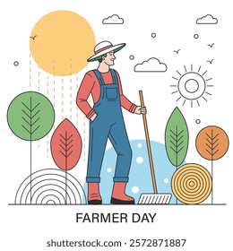 A man in a blue overalls is holding a broom for Farmer Day concept