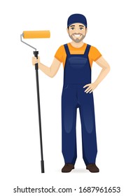 Man in blue overalls painter with roller isolated vector illustration