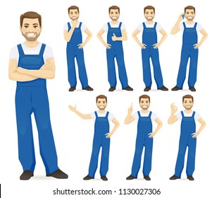 Man in blue overalls set with different gestures isolated