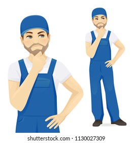 Man in blue overalls thinking vector illustration