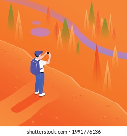 Man in blue pants on orange background photographing cliff on mobile isometric vector illustration