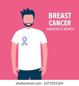 Man with blue pink ribbon logo on t-shirt.  Breast cancer awareness concept.
