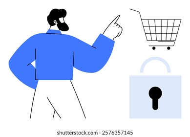 Man in blue pointing at a shopping cart and a security lock symbol suggesting safe online shopping. Ideal for online security, e-commerce, buying safety, digital purchases, secure transactions