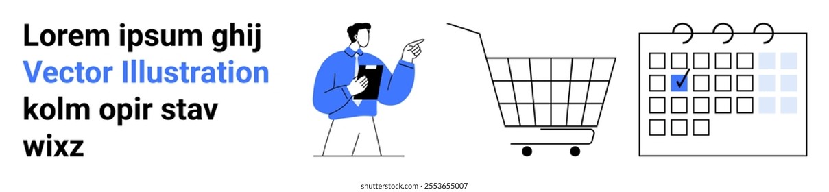 Man in blue points at a clipboard next to a shopping cart and a calendar with a checkmark. Ideal for business planning, online shopping, scheduling, marketing, and organization. Landing page