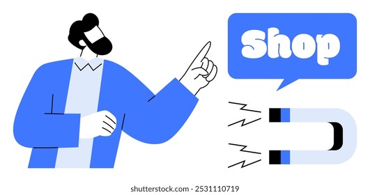 A man in blue points towards the word Shop in a speech bubble with a magnet icon nearby. Ideal for marketing online shopping e-commerce customer attraction and business promotion. Simplistic graphic