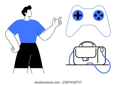 Man in blue shirt and black shorts pointing towards a game controller and a bag. Ideal for technology, gaming, travel, organization, hobbies, lifestyle, guidance. Line metaphor