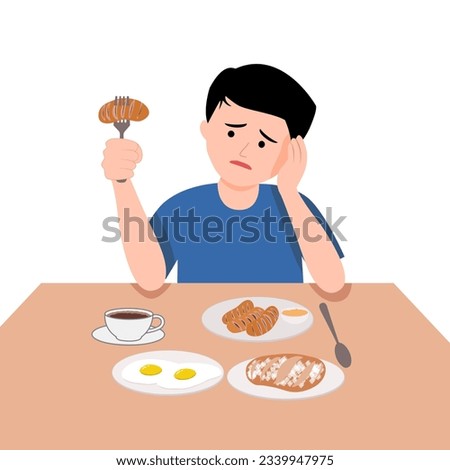 Man in blue shirt bored breakfast and go to  office.