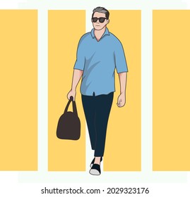 a man in a blue shirt and carrying a black bag is rushing to work.