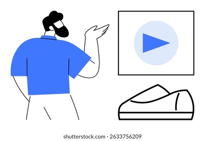 Man in blue shirt explaining with gesture, large play button and shoe icon nearby. Ideal for presentations, tutorials, education, marketing, product design, innovation, communication. Line metaphor