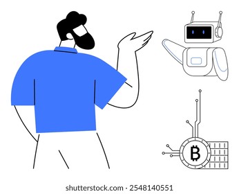 Un hombre con una camisa azul le hace un gesto a un robot y un símbolo de Bitcoin. El robot con una cara similar a una pantalla significa robótica, mientras que el símbolo de Bitcoin sugiere criptomonedas. Ideal para la tecnología