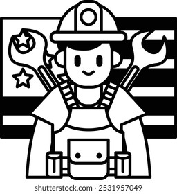 A man in a blue shirt and a hard hat is holding a wrench and a screwdriver