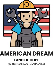 A man in a blue shirt and a hard hat is holding a wrench and a screwdriver