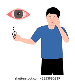 Un hombre con camisa azul tiene dolor de ojos. Porque el polvo o las partículas se mueven en el ojo hacia el dolor.