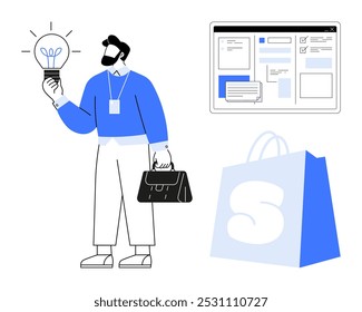 Um homem de camisa azul segurando uma lâmpada e uma pasta preta, ao lado de uma interface on-line e uma sacola de compras. Ideal para estratégia de negócios, comércio eletrônico, inovação, tecnologia e compras