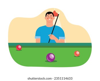 Man in blue shirt holding pool cue, in nightclub bar with dim lights, hobby is playing billiards. Character design. Vector flat illustration