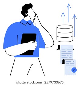 Man in blue shirt holding a tablet, analyzing data. Background elements include upwards arrows, a data storage icon, and documents. Ideal for business, data analysis, finance, technology, and growth
