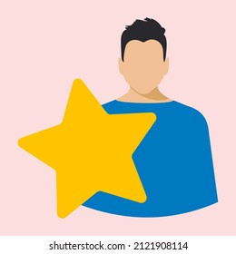 A man in a blue shirt holds a yellow star on a pink background. The manager of the online store offers the client to evaluate the level of service, leave a review. Flat style. Vector.