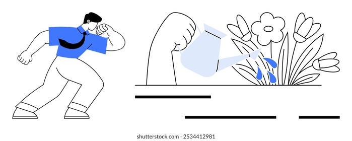 A man in a blue shirt observes as a hand waters flowers. Ideal for business growth, searching, personal development, nurturing ideas, motivation. Clean vector style mainly in blue, black, and white