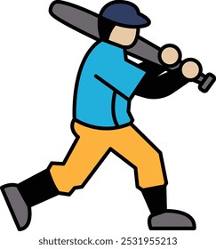 A man in a blue shirt and orange pants is holding a baseball bat and running. He is likely a baseball player preparing to hit a ball