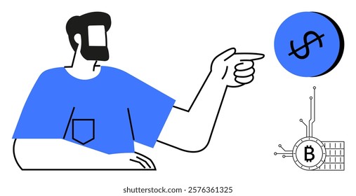 Man in blue shirt pointing to a dollar sign symbol and a Bitcoin icon. Ideal for finance, cryptocurrency, digital currency, investments, financial advice. Simple, modern, vector