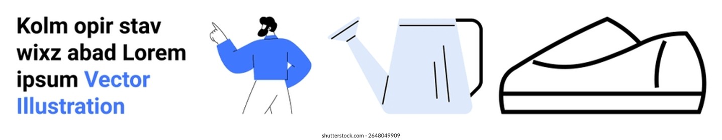 Man in blue shirt pointing, gray watering can, black-outlined shoe. Ideal for design, e-commerce, lifestyle, gardening, fashion, user interfaces, promotional materials. Landing page