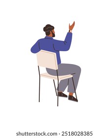 Man in blue shirt pointing upwards while seated casually on a chair. Ideal for communication themes, business presentations, discussions, workplace dynamics and professional settings. Flat, simple