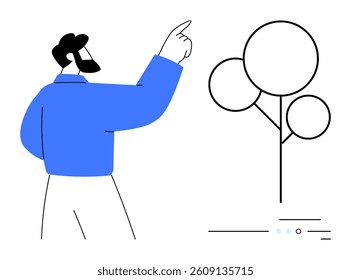 Man in blue shirt pointing upwards toward abstract tree. Ideal for business vision, future planning, growth, leadership, guidance, environmental awareness, and strategic thinking themes. Line