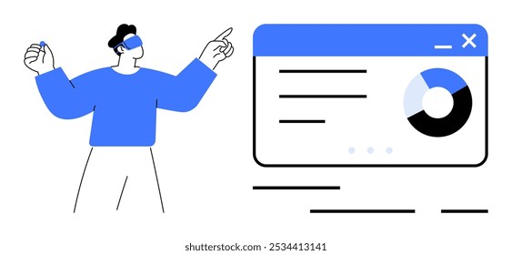 A man in a blue shirt pointing at a web interface with a pie chart and text, signifying data analysis or presentation. Ideal for business analysis, presentations, data visualization, tech tutorials