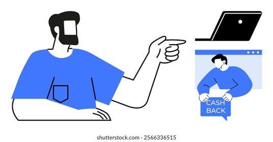 Man in blue shirt points at laptop which shows a cashback pop-up. Ideal for finance tech shopping online discounts customer loyalty promotions. Simple modern style