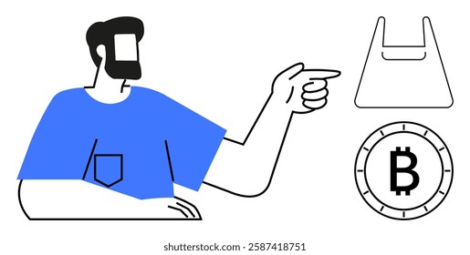 Man in blue shirt points at shopping bag and Bitcoin symbol, indicating a concept of cryptocurrency use in e-commerce. Ideal for digital currency, blockchain technology, financial education