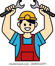 A man in a blue shirt and red overalls is holding a wrench and smiling. He looks happy and confident