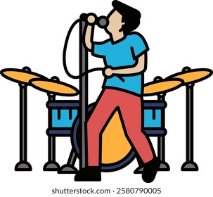 A man in a blue shirt is singing into a microphone while standing in front of a drum set