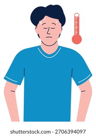 A man in a blue shirt is sweating and looking at a thermometer