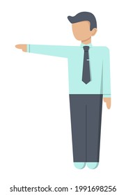A man in a blue shirt and tie shows the direction. Pointer. Flat vector illustration.