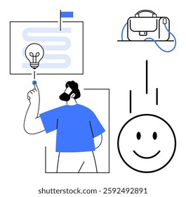 Man in blue shirt touching light bulb icon on screen, smiling face, briefcase. Ideal for business strategies, inspiration, innovation, positivity, work-life balance, productivity, success. Line
