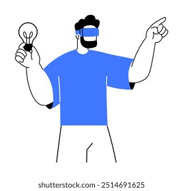 Un hombre con una camisa azul lleva gafas de realidad virtual, sosteniendo una bombilla en una mano mientras señala hacia adelante con la otra. El hombre tiene barba y parece estar involucrado con la realidad aumentada.