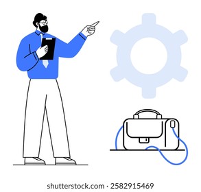 Man in blue shirt and white pants with clipboard pointing towards a large gear symbol and a nearby briefcase. Ideal for business presentations, teamwork, industrial concepts, project management