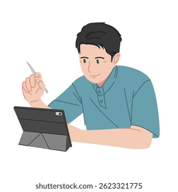 a man in a blue shirt is working with his tablet